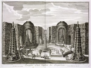 Suihkulähde sokkelossa Princely Pleasure Palace and Gardensissa Berliinissä, kaiverrus Karl Remshard (1678-1735), julkaistu noin 1711-16
